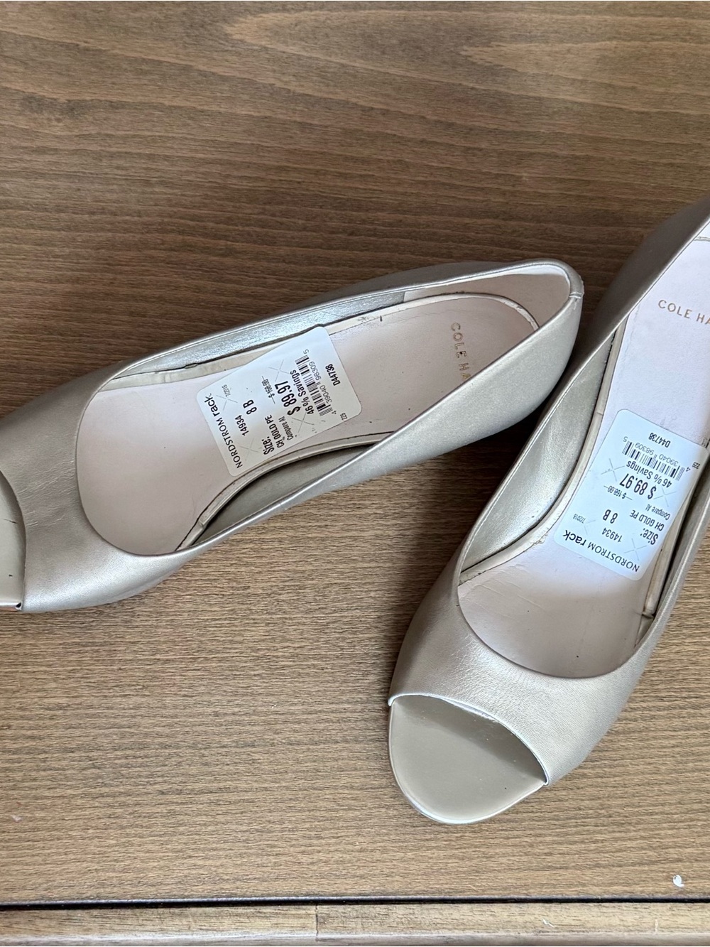 Cole Haan Metallic Champagne Peep-Toe Wedges